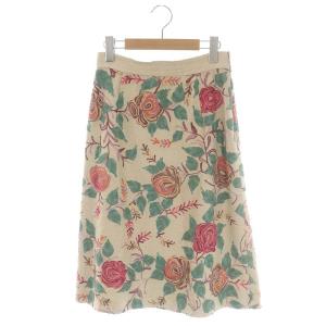 スカート ロング ミモレ丈 台形 花柄 刺繍 36 ベージュ 緑 赤 オレンジ