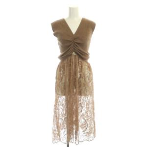 ワンピース ロング ミモレ丈 ノースリーブ ニット 切替 レース S 茶 ブラウン