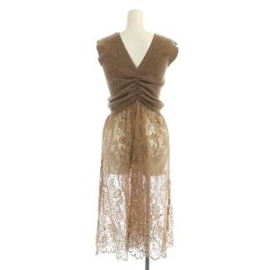 Ameri VINTAGE ワンピース ロング ミモレ丈 ノースリーブ ニット 切替 レース S 茶 ブラウン