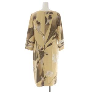 LEONARD FASHION フラワープリント ワンピース 膝丈 七分袖 38 ベージュ ブラウン イエロー