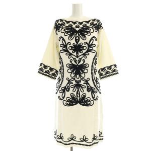 23SS コード刺繍 ニットワンピース ミモレ丈 ロング 七分袖 36 白 黒 ホワイト ブラック