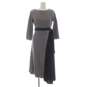 チェックプリーツワンピース ロング マキシ丈 九分袖 フェイクレイヤード ウール 36 紫 黒  ベージュ