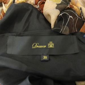 Drawer リーフ柄シルクノースリーブワンピース ロング ミモレ 38 M 茶 ブラウン 黒 ブラック