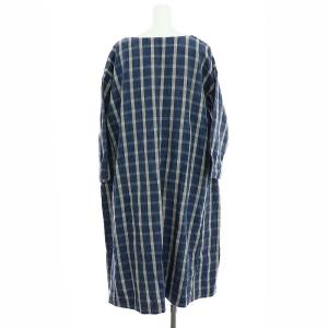 45rpm 先染リネンワンピース チェック ロング ミモレ丈 九分袖 0 インディゴ