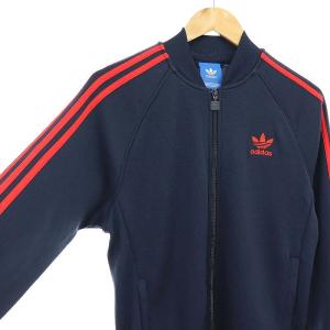 adidas Originals トラックジャケット ロゴ刺繍 トレフォイル ジャージ 長袖 フルジップ M 濃紺 赤 レッド