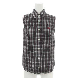 シャツ ブラウス ノースリーブ チェック柄 ロゴ刺繍 38 M チャコールグレー 赤 レッド