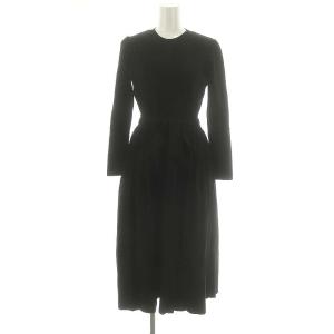 クリスタルプリーツニットワンピース ロング ミモレ丈 長袖 ウエストリボン付き 36 黒 ブラック /MI