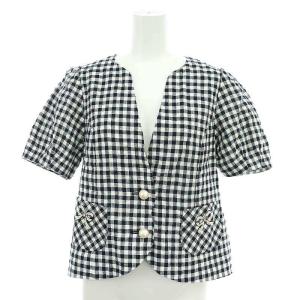 パールリボンチェックショートスリーブジャケット ノーカラー リネン M 黒 白 ブラック ホワイト /HK