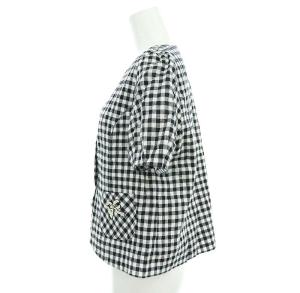 franche lippée パールリボンチェックショートスリーブジャケット ノーカラー リネン M 黒 白 ブラック ホワイト /HK