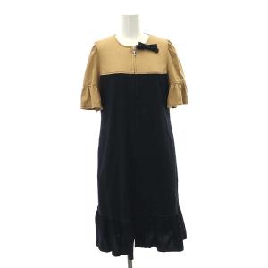 23年製 リボン 配色ステッチ フルジップワンピース 半袖 ミモレ ロング 前開き コットン 38 紺