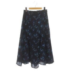 24SS 線画花柄プリントスカート ロング フレア 36 紺 ライトブルー 白 /DO OS PN