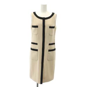 ノースリーブ 配色パイピング ドレス ワンピース 膝丈 36 ベージュ 黒 ブラック /HK OS PN