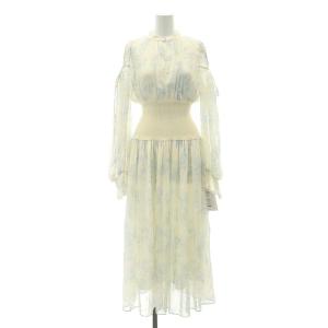 24SS Sustainable ウエストリブワンピース ボタニカル柄 シフォン ロング 長袖 0 アイボリー