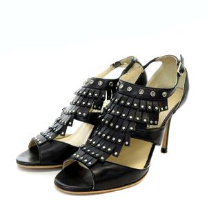 サンダル ピンヒール フリンジ スタッズ ストラップ レザー 39 26cm 黒 ブラック /YO8 PN