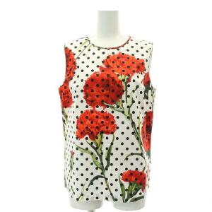 フラワー柄コットンブラウス ノースリーブ プルオーバー シルク混 40 白 ホワイト マルチカラー /DO
