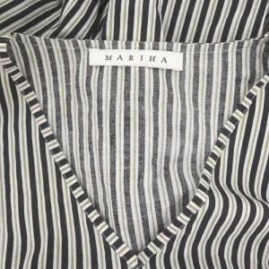 MARIHA カフタンワンピース ロング 五分袖 Vネック ストライプ コットン 白 黒 カーキ /NR OS PN