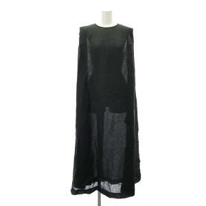 LINEN FOLDED LINE ノースリーブワンピース マキシ ロング クルーネック 38 F 黒
