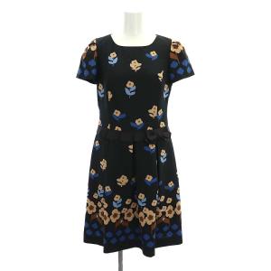 花柄 リボン 半袖 ワンピース 膝丈 38 黒 ブラック マルチカラー /MI OS PN