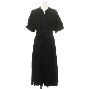 コットンタイプライターオープンカラーベルテッドワンピース ロング丈 ミモレ丈 半袖 フロントボタン ベルト付き