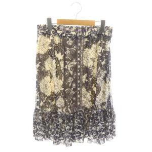 フレアスカート ギャザースカート 膝丈 パワーネット 花柄 0 紺 ネイビー アイボリー /ES OS