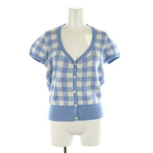 ギンガムチェック 半袖カーディガン ニット リネン S 水色 白 ライトブルー ホワイト /MI OS