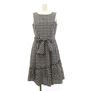 カタログ掲載 ギンガムチェックノースリーブワンピース 膝丈 ティアード フリル リネン混 38 黒 ブラック