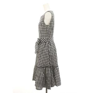 M'S GRACY カタログ掲載 ギンガムチェックノースリーブワンピース 膝丈 ティアード フリル リネン混 38 黒 ブラック