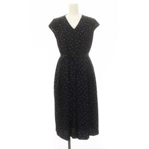 22SS ドットプリント ワンピース ロング フレンチスリーブ ベルト付き 32 濃紺 ネイビー /DF