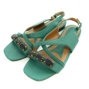 サンダル スクエアトゥ チャンキーヒール ストラップ レザー ビジュー 3連 37 23.5cm 緑 グリーン