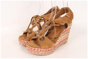 サンダル フリンジ ウェッジソール スウェード 38.5 茶 ブラウン /au0520 PN