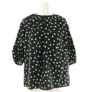 24SS ドットプリント ランタンスリーブブラウス プルオーバー 半袖 36 ブラック ホワイト /DF