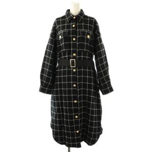 24AW ウールチェックシャツワンピース 長袖 ロング 36 黒 白 /NR OS SH