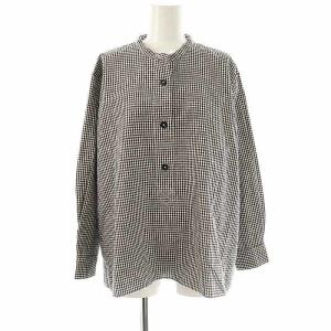 チェック柄ノーカラーシャツ ブラウス 長袖 前開き リネン 2 黒 白 /NR OS