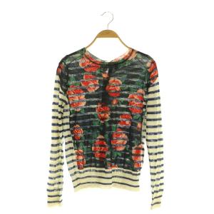 AD2012 ニット セーター 長袖 バックボタン ボーダー 花柄 切替 ブラック アイボリー /MY