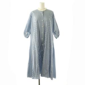 ストライプ シャツワンピース ロング 七分袖 ブルー /HK OS