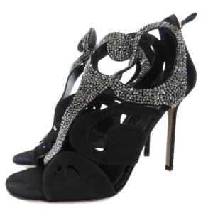 ピンヒールサンダル ハイヒール ラインストーン スエード レザー 37.5 黒 ブラック /GV GY62