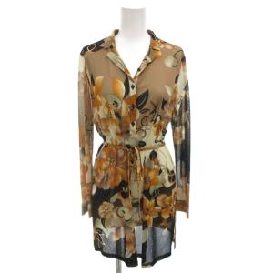 シャツ ブラウス ベルト付 長袖 40 オレンジ ベージュ 黒 ブラック 総柄 花柄 /FF GY62