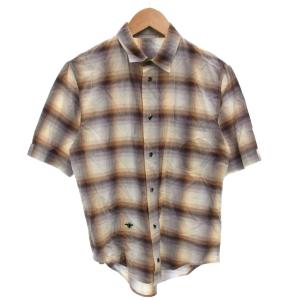 シャツ カジュアル チェック クイーンビー刺繍 半袖 38 茶 ブラウン /FF GY62