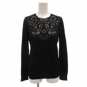 Tシャツ カットソー 絹 シルク 38 黒 ブラック レース装飾 ラウンドネック 長袖 /FF GY62