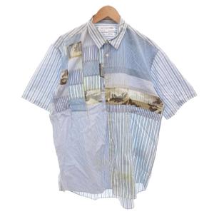 シャツ カジュアル シアー切替 L 白 ホワイト 青 ブルー カモフラージュ柄 総柄 半袖 /FF GY62