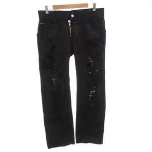 デニムパンツ ジーンズ 46 黒 ブラック ダメージ加工 ジッパーフライ ストレート /FF GY62