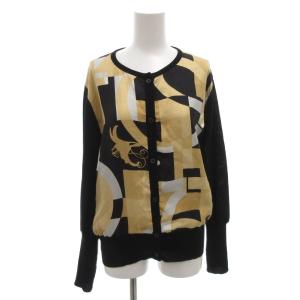 カーディガン ニット切替 絹 シルク L ベージュ 黒 ブラック 総柄 ラウンドネック /FF GY62