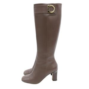 Salvatore Ferragamo ガンチーニ ロングブーツ サイドジップ レザー ヒール 5.5 茶 ブラウン /JS GY62