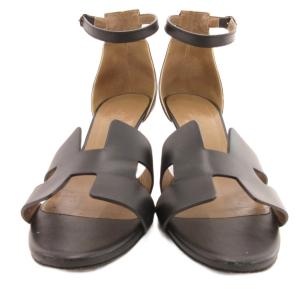 HERMES ストラップサンダル レザー Hデザイン 37.5 黒 ブラック /JS GY62