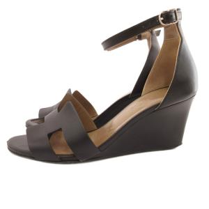 HERMES ストラップサンダル レザー Hデザイン 37.5 黒 ブラック /JS GY62