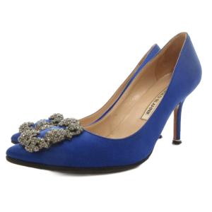 ハンギシ HANGISI サテンパンプス ヒール ポインテッドトゥ 34.5 青 ブルー /GV GY62