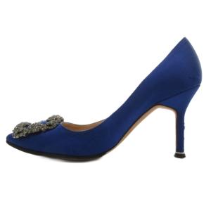 MANOLO BLAHNIK ハンギシ HANGISI サテンパンプス ヒール ポインテッドトゥ 34.5 青 ブルー /GV GY62