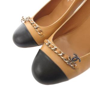 CHANEL ココマーク チェーン パンプス 37,5 ブラウン ブラック