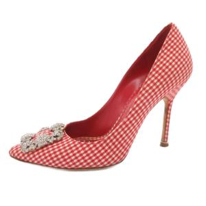 MANOLO BLAHNIK ハンギシ ギンガムチェック ビジュー パンプス 37 レッド ホワイト