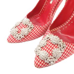 MANOLO BLAHNIK ハンギシ ギンガムチェック ビジュー パンプス 37 レッド ホワイト